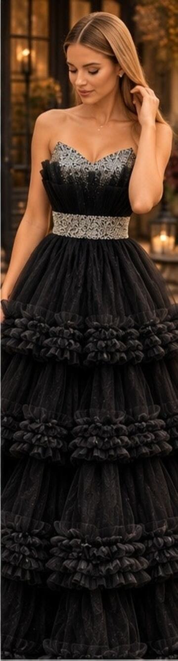 NEW W/TAGS Colors 3245 Black Beaded Tiered Ball Gown Formal Gown Size 4